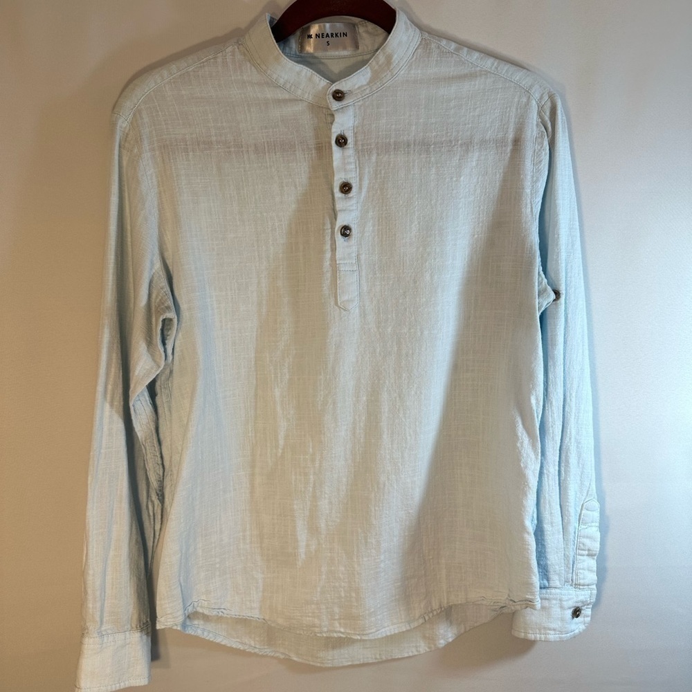 Nearkin Blue Cotton Roll Up Tap Long Sleeves Shirt Tunic Blouse Front Buttons S
